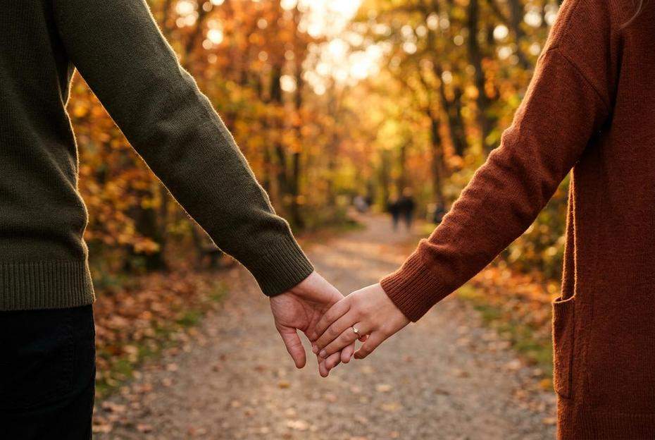 Dłonie pary spacerującej w parku podczas złotej godziny