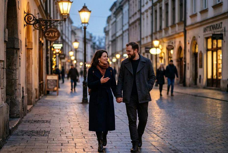 Para spacerująca i rozmawiająca w świetle latarni