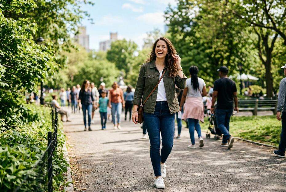 Szczęśliwa kobieta spacerująca pewnie po zielonym parku