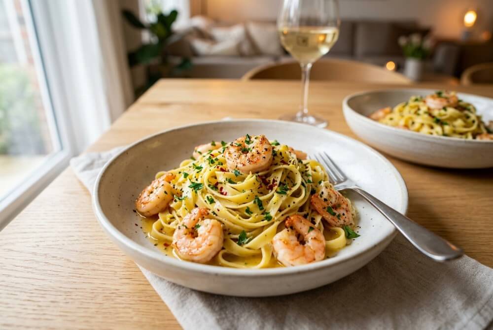 Zbliżenie na makaron tagliatelle z krewetkami w emulsji winno-maślanej z dodatkiem papryczki chilli i natki pietruszki