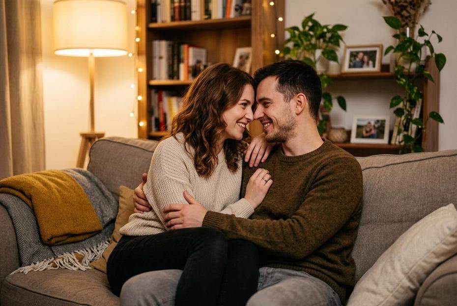 Uśmiechnięta para patrząca na siebie w salonie
