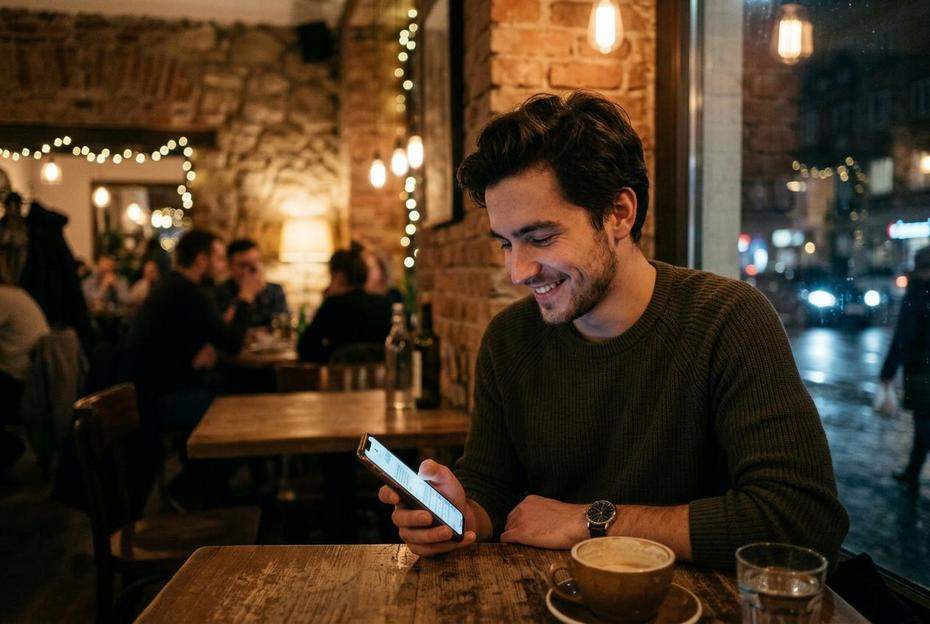 Uśmiechnięty mężczyzna piszący wiadomość na telefonie po randce
