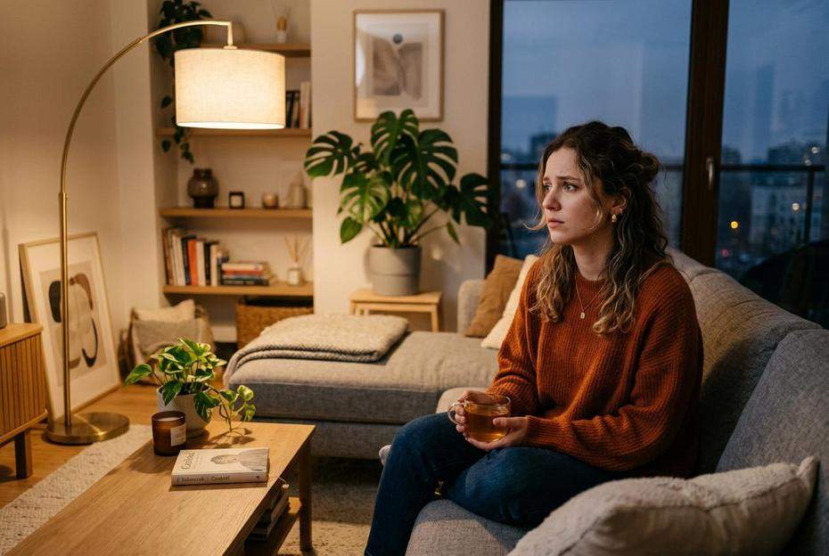 Zamyslona kobieta analizujaca swoje uczucia na kanapie