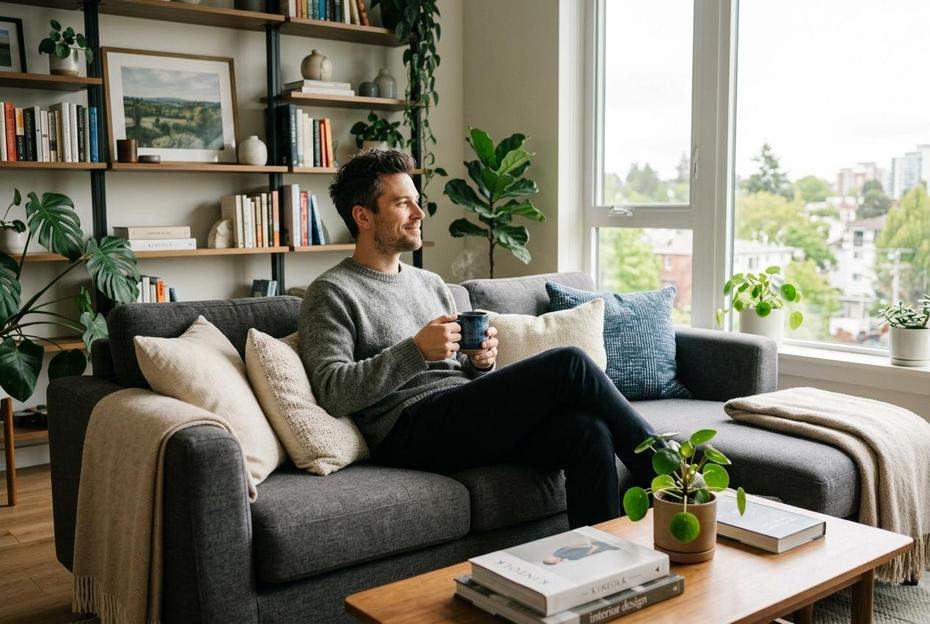 Zamyślony mężczyzna na kanapie analizujący udaną randkę