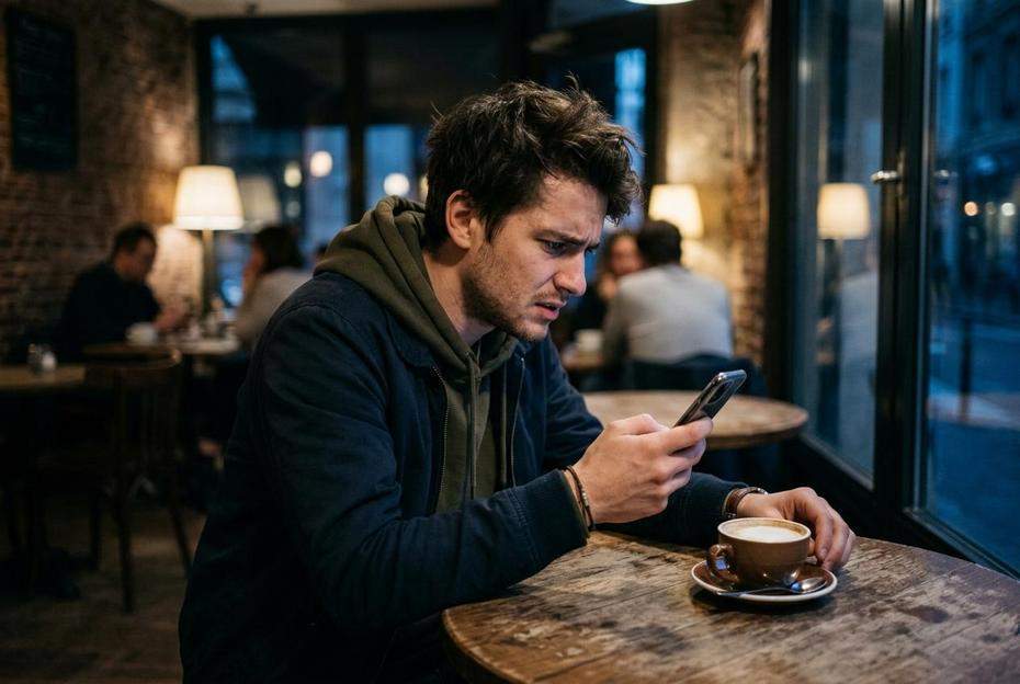 Zmartwiony mężczyzna ze smartfonem w dłoni siedzący samotnie w kawiarni